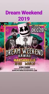 Dream Weekend Festival 2019 event flyer featuring Ice Cube, Marshmello, Migos