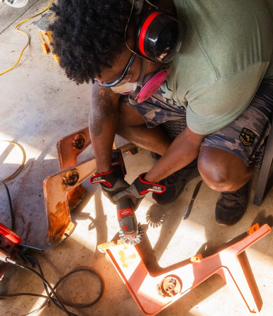 Bobby Trice Art Project Update photo - welding stadium seat frames